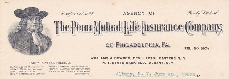 1902 Letter Penn Mutual Life Insurance Co. of Philadelphia Albany N.Y