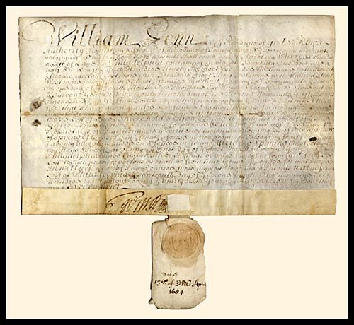 William Penn's land grant. Quaker Beliefs, Document Sign, William Penn
